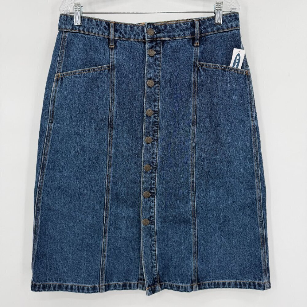 Old Navy A-Line Denim Midi Skirt Button Front 100% Cotton Size 12 NWT